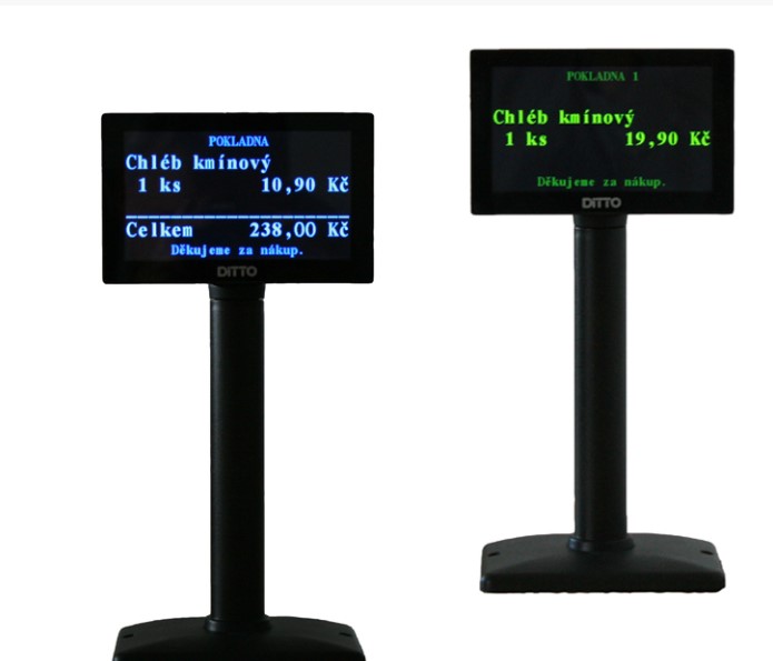 Náhrada za VFD displej. Farebný TFT alfanumerický zákaznícky displej 5 "800x480 s komunikačným protokolom VFD displeja. Režim 2x20 alebo 4x20 znakov. Napájanie cez USB (nepotrebuje externý napájací zdroj).