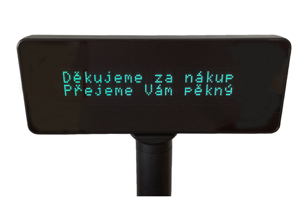 VFD zákaznícky displej 2x20 znakov, výška znaku 9 mm, farba zelená, USB rozhranie, autodetekcie komunikačného protokolu. Napájanie cez USB (nepotrebuje externý napájací zdroj).